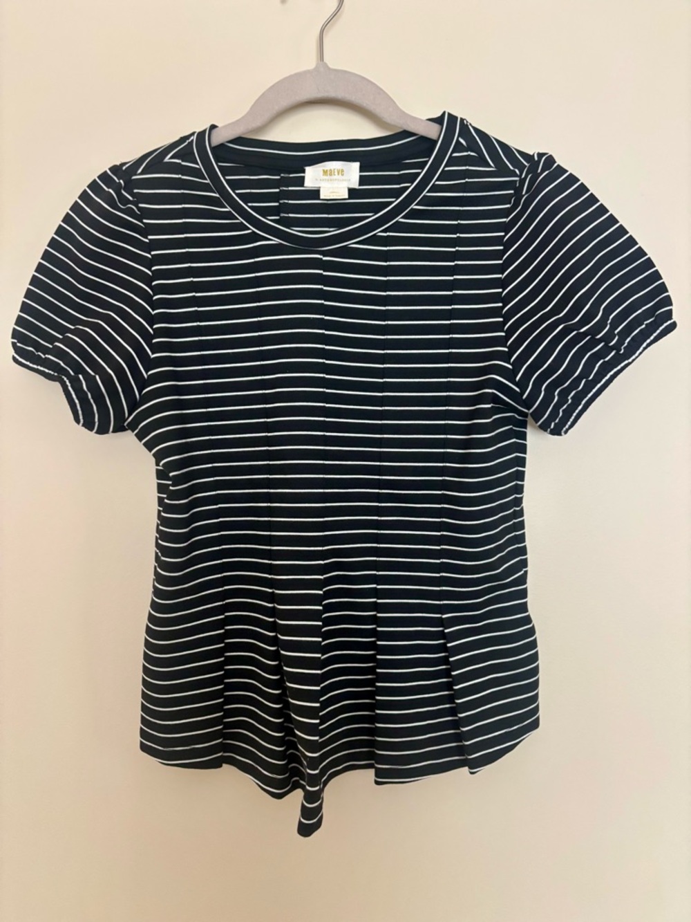 Maeve by Anthropologie Knit Pleated Short Sleeve Top - Black/White Stripe - XS
